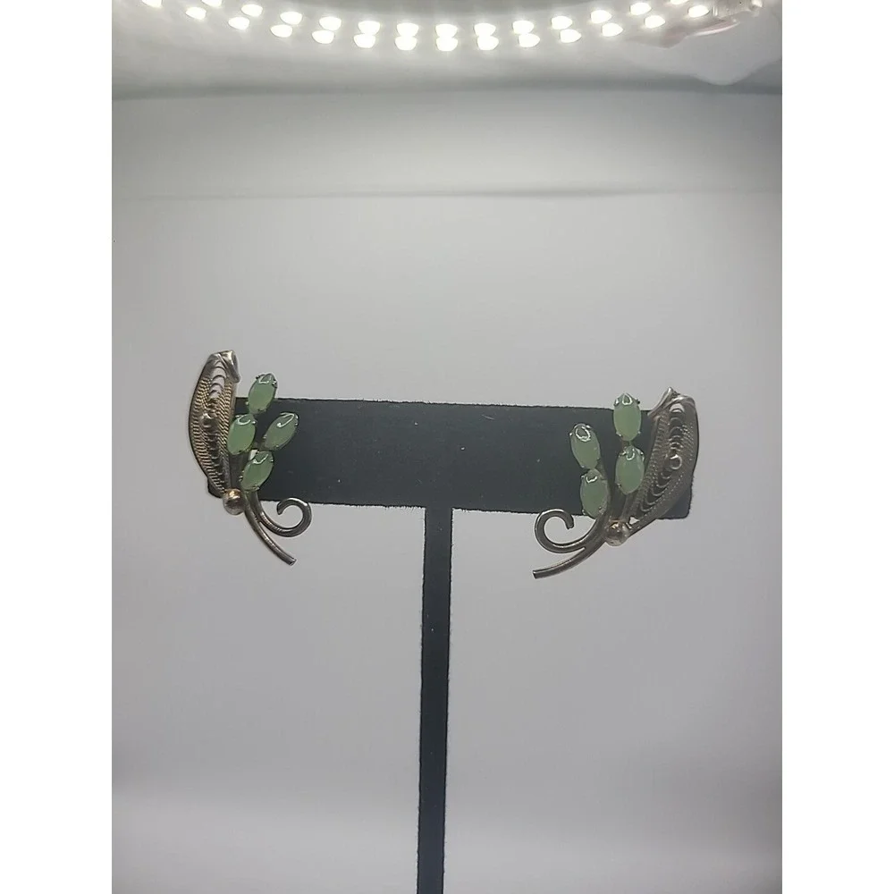 Vintage Sorrento Sterling Silver .925 Jade Earrings Clip On Screw Back Jewelry
